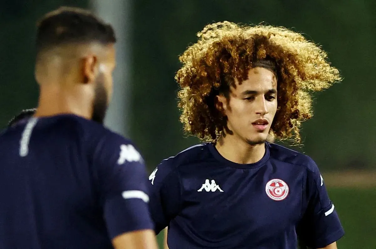 Photo: Tunisia's Hannibal Mejbri during training. Credit: Ibraheem Al Omari/REUTERS
