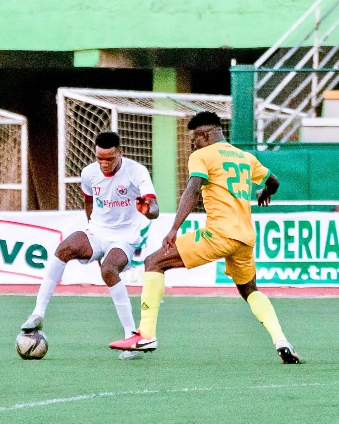 Photo: Frank Uwumiro (left) and Moses Adikwu (right) in action during matchday 12 of the 2023/24 NPFL between Plateau United and Rangers at the Jos International Stadium. Credit: Rangers International FC/Facebook