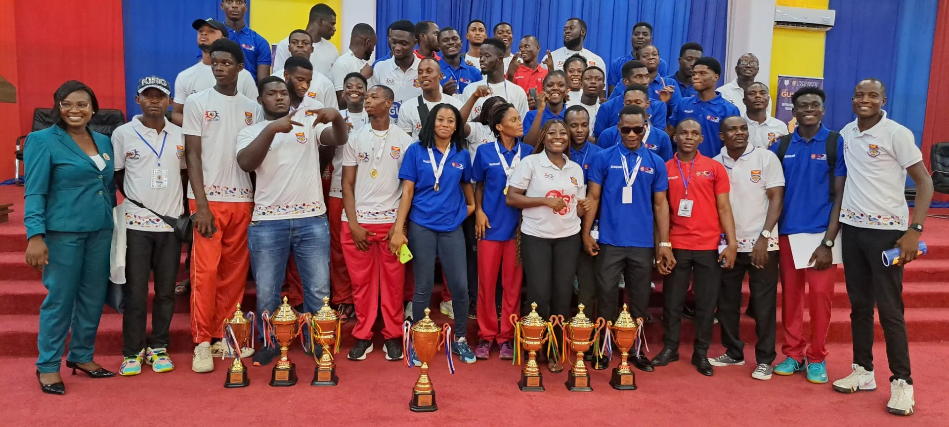 University of Cape Coast team with their seven trophies won at the 28th edition of the GUSA Games on display.