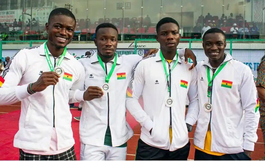 Photo: From left to right, James Dadzie, Barnabas Agerh, Solomon Kweku Hammond, and Saminu Abdul Hammond at the Annual International Invitational Relay in Benin City, Nigeria.