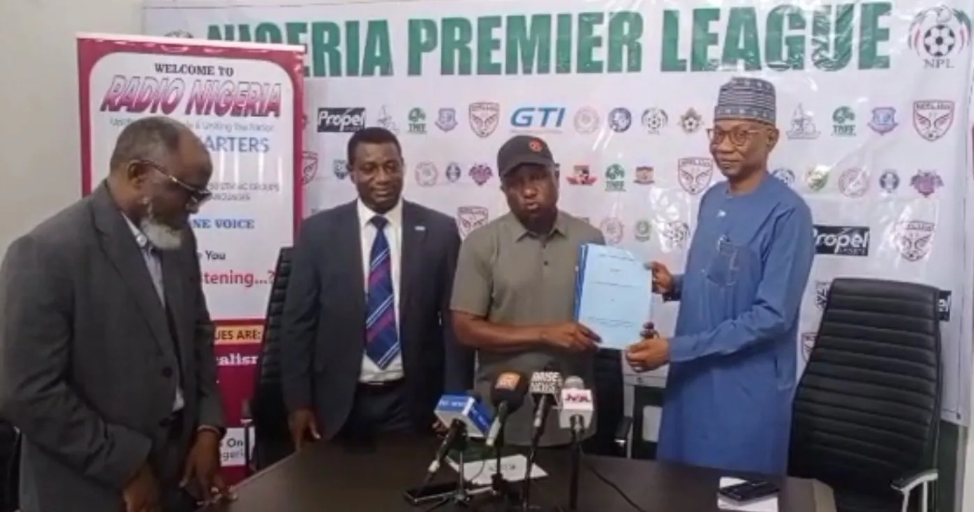 Photo: From L-R: Secretary to NPFL Board, Barr. Danladi Ibrahim; Executive Director of GTI Group, Mr Nelson Ine; NPFL Chairman, Hon Gbenga Elegbeleye and Director General of the Federal Radio Corporation of Nigeria, Dr. Mohammed Bulama at the signing ceremony of the MoU between NPFL and FRCN on radio commentaries on Thursday, March 27, 2025. (Credit: GTI)