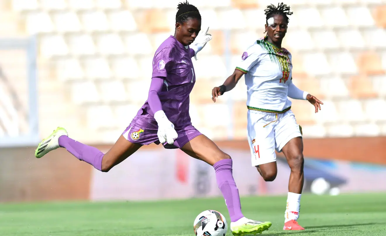cynthia fiindib konlan of ghana challenges aissata traore of mali during the 2024 womens africa cup of nations match between ghana and mali