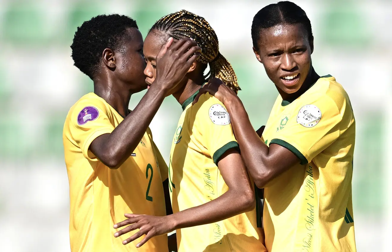 linda motlhalo of south africa c celebrates goal with teammates during the 2024 womens africa cup of nations final match between south africa and ghana