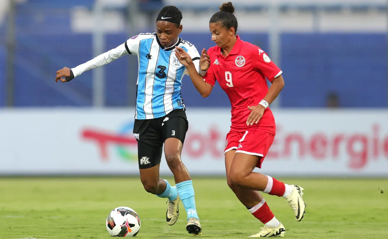 nancy baeletsi of botswana challenged by sabrine ellouzi of tunisia during the 2024 womens africa cup of nations final match between tunisia and botswana