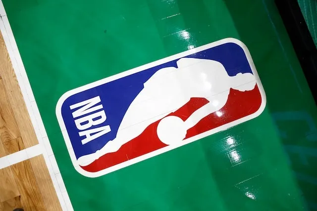 The NBA logo is seen on the court before thegame between the Boston Celtics and the Portland Trail Blazers at TD Garden. Mandatory Credit Winslow