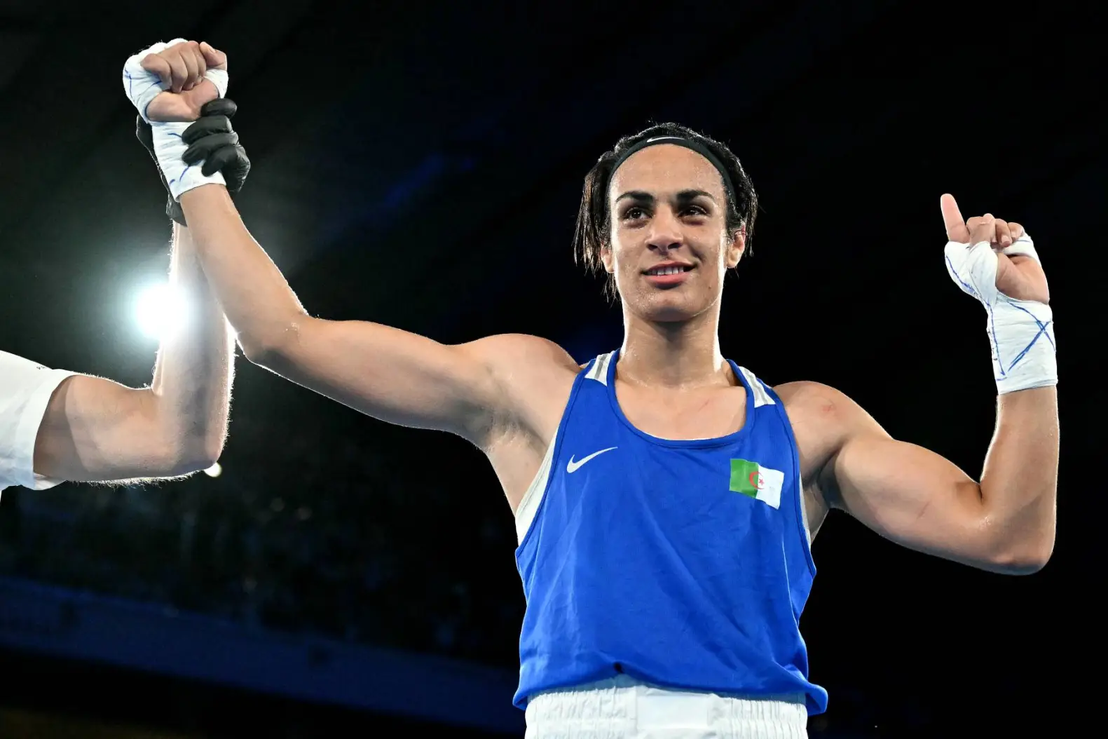 Algeria's Imane Khelif after beating Thailand's Janjaem Suwannapheng in the women's 66kg semi-final boxing match during the Paris Olympic Games on August 6, 2024. Credit: MOHD RASFAN/AFP via Getty Images