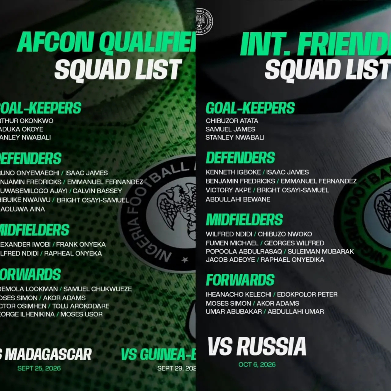 Friendly - Nigeria Squad Released By Eric Chelle