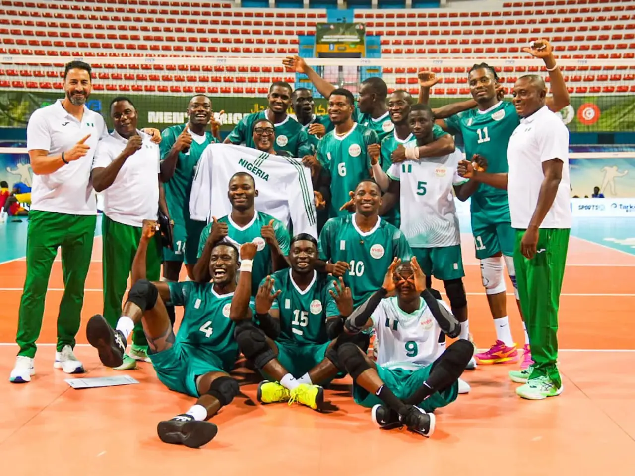 Nigeria Men’s Volleyball Team - Nigeria Men'S Volleyball Team In Pose For A Photo As They Celebrate Their Quarter Finals Qual