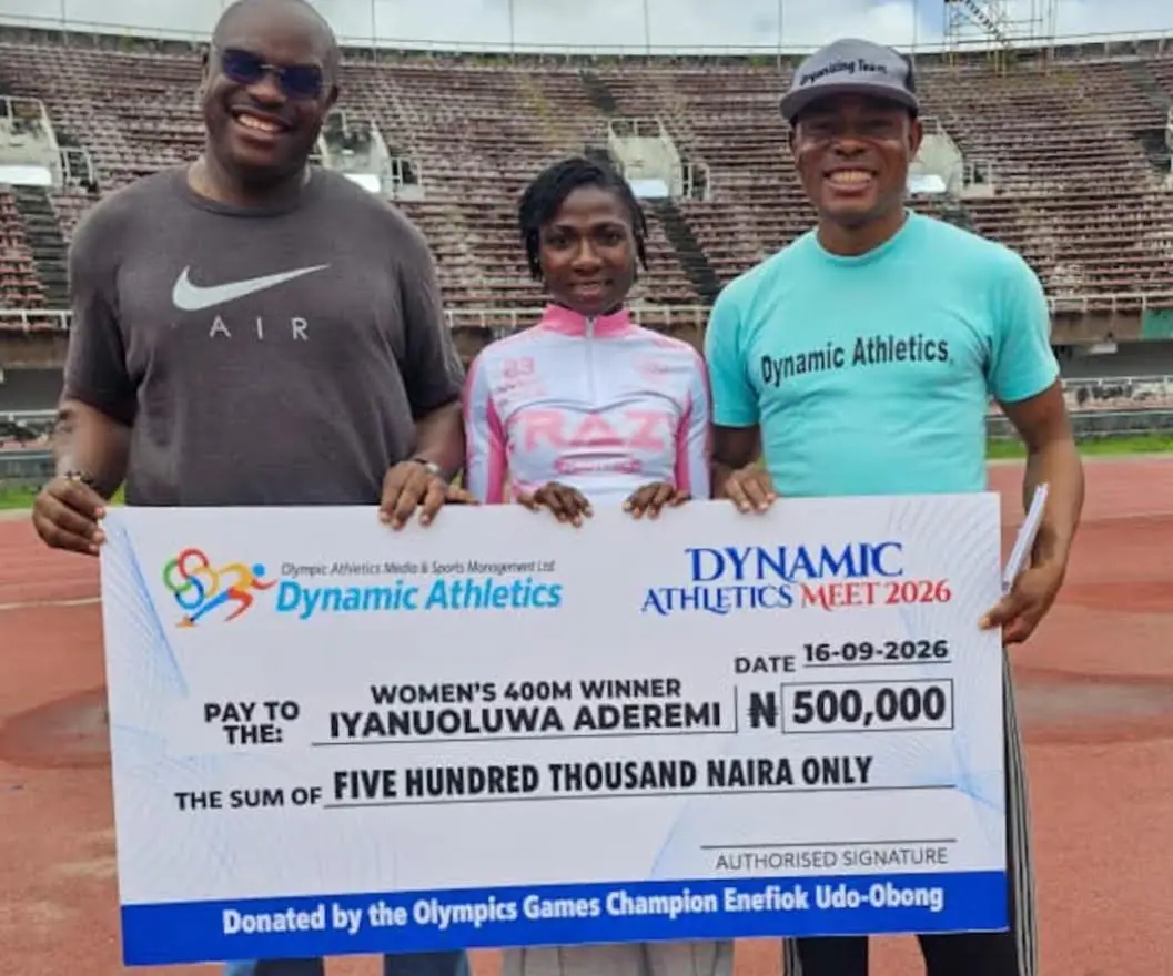 Photo Udo Obong Rewards 17 Year Old Aderemi After Stunning 50 95S Run At The 2026 Dynamic Athletics Meet Photo Credit Thisdaylive